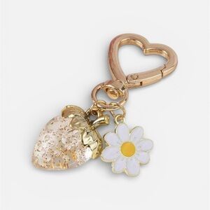 Bag charm Gold and White Heart Keychain with Strawberry and Daisy